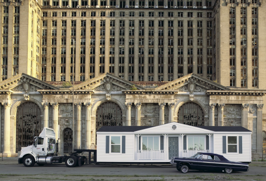 Mike Kelley (1954-2012), The Mobile Homestead in front of the abandoned Detroit Central Train Station, 2010. © Mike Kelley. Photograph by Corine Vermuelen.