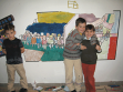 Children in front of a sketch for the United Vote exhibition Obrys, ETC Gallery, Prague, 2005.