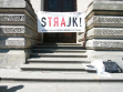 OFSW (Citizen Forum for Contemporary Arts), Art Strike rally in front of Warsaw's Zachęta National Gallery of Art: Banner reads "Strike! -  We call for the government to start negotiating with artists," 2012